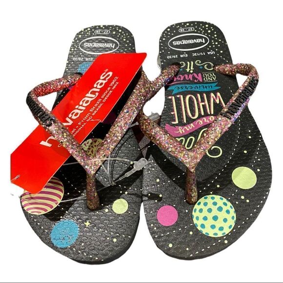 NEW Havaianas Black Pink "You Are My Whole Universe" Glitter Flip Flop Sandals - Picture 3 of 5